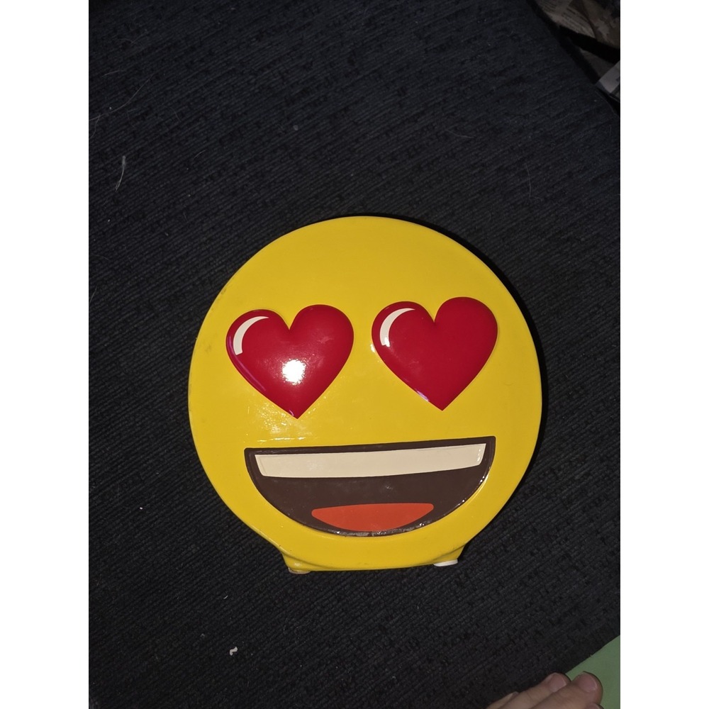 Emoji Heart Eyes Smiley Face Coin Bank Piggy Bank Yellow Plastic w/ Stopper EUC